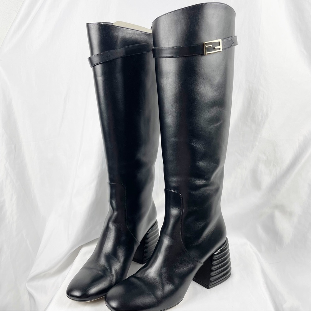 Fendi Sable FF Motif Block Heel Knee High Riding Boots Black Leather EU 38.5 - Picture 4 of 9